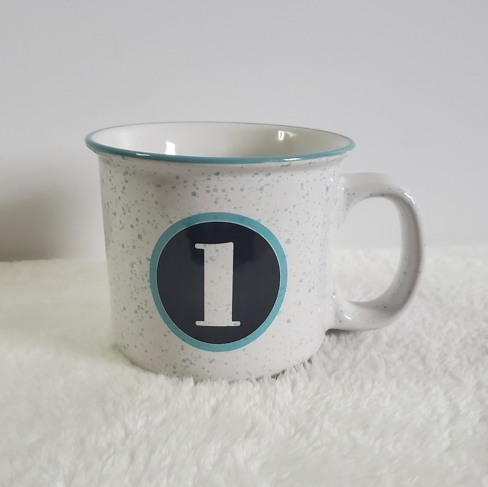 Clay Art Monogrammed I White Light Blue Teal Coffee Cup Mug 13 Oz
